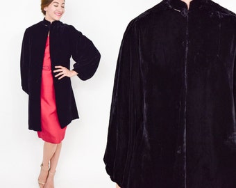 1930s Black Silk Velvet Coat | 30s Black Velvet Evening Coat | Bishop Sleeve Jacket | Medium