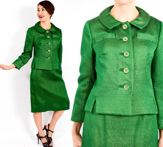 1960s Green Evening Suit | 60s Green Silk Suit | M