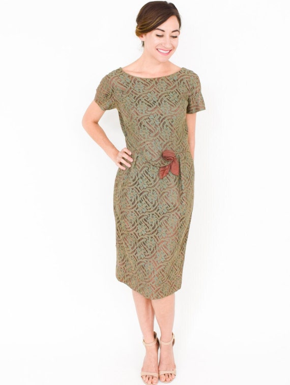 1950s Sage Green Lace Dress | 50s Green & Brown L… - image 5