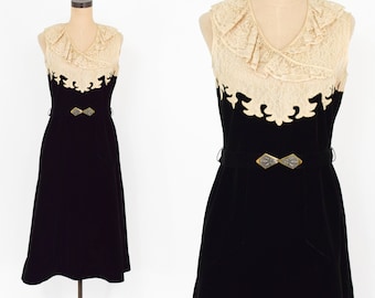 1920s Black Velvet Dress | 20s Lace & Black Velvet Dress | Ecru Lace and Black Velvet Dress | Medium