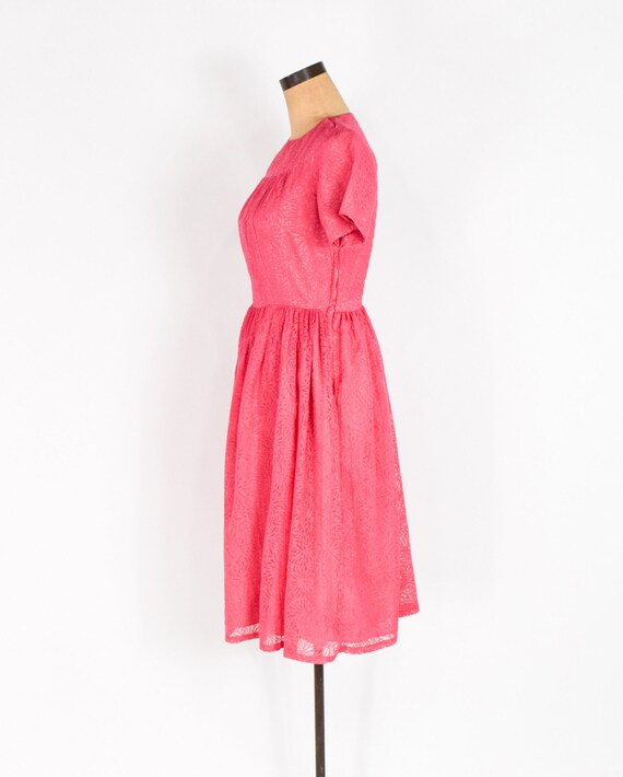 1950s Pink Floral Dress | 50s Bright Pink Chiffon… - image 5