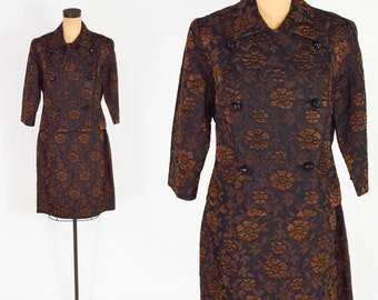Traje vintage de brocado de los años 60 / Estampado floral marrón y negro, conjunto cruzado, talla mediana