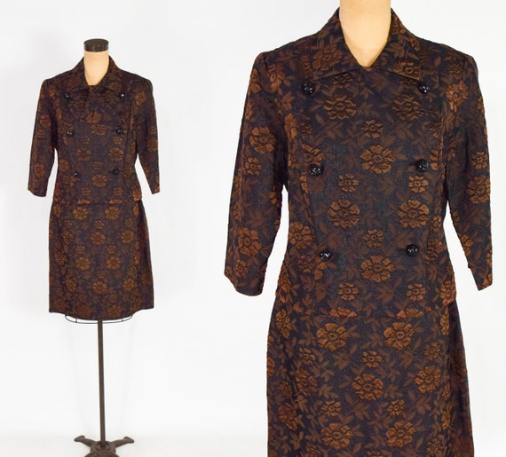 1960s Brown Brocade Suit | 60s Black & Brown Broc… - image 1