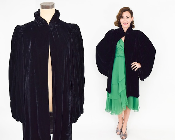 1930s Black Silk Velvet Coat | 30s Black Velvet Ev