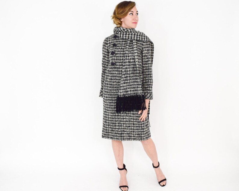 1960s Black /& White Wool Plaid Dress Medium 60s Gray Plaid Wool Dress with Scarf