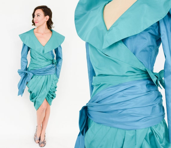 1990s Blue Silk Cocktail Dress | 90s Turquoise Sil