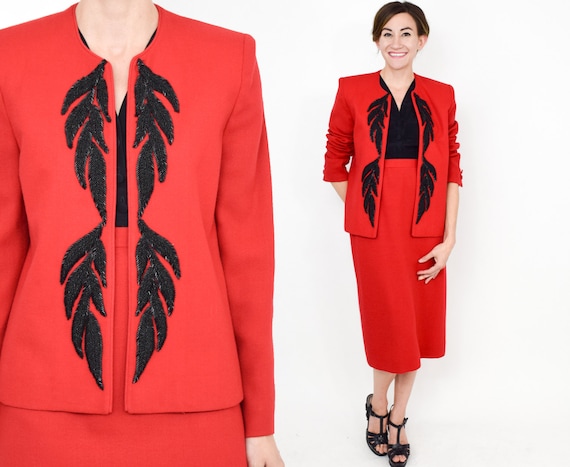 1980s Red Wool Suit | 80s Red & Black Beaded Suit