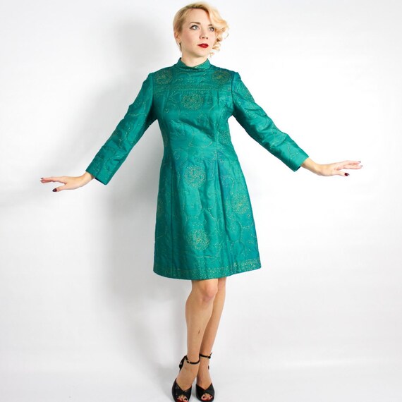 1960s Emerald Green Shift Dress | 60s Green Quilt… - image 4