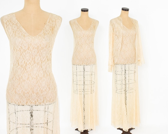 1930s Beige French Lace Evening Gown | 30s Beige … - image 2