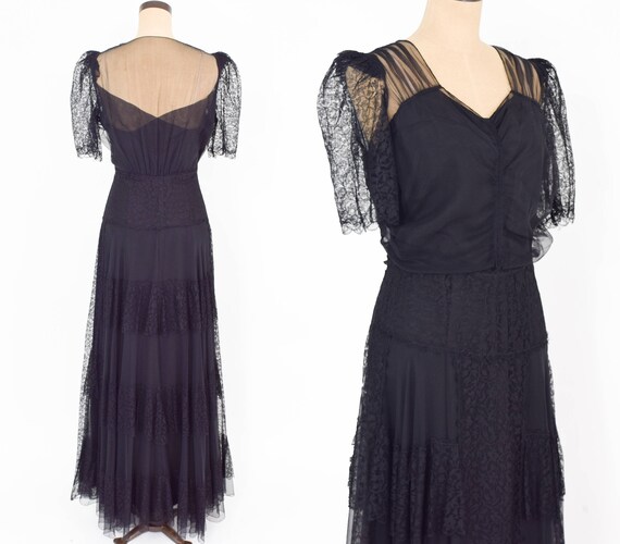 1930s Black Lace Evening Dress | 30s Black Chiffon