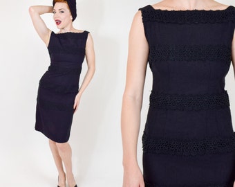 1960s Black Cotton Sheath Dress | 60s Black Cotton Lace Sleeveless Shift  | Small