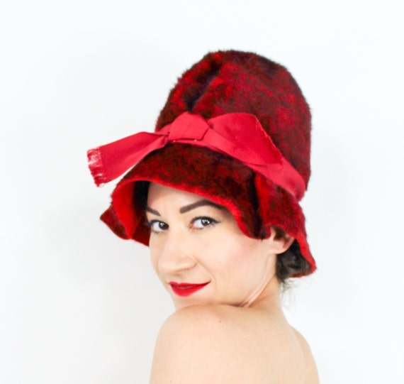 1960s Red Mohair Hat | 60s Cranberry Mohair Bucke… - image 2