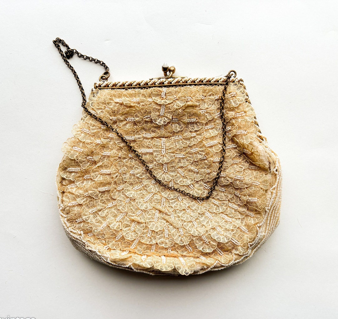 1930s 1940s Lace Handbag | Lace & Tiny Pearls Purse | I