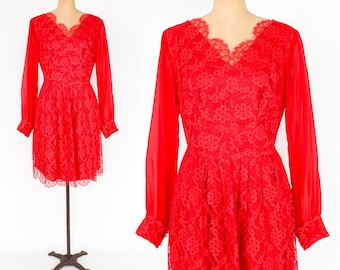 1960s Red Lace Cocktail Dress | 60s Red Lace Party Dress | Large