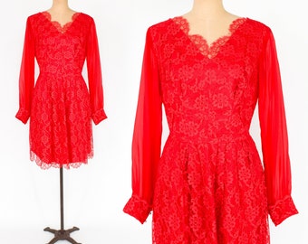 1960s Red Lace Cocktail Dress | Vintage Red Sheer Sleeve Party Dress, Large