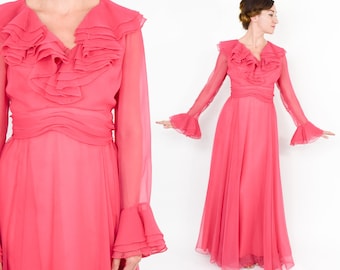 1970s Pink Evening Maxi Dress | 70s Pink Chiffon Ruffle Maxi Dress | Miss Elliotte | Medium