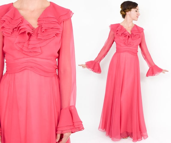 1970s Pink Evening Maxi Dress | 70s Pink Chiffon … - image 1