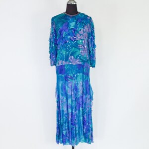 1980s Blue Silk Chiffon Ruffled Party Dress 80s Blue Beaded Chiffon Dress Judith Ann Creations Medium image 3