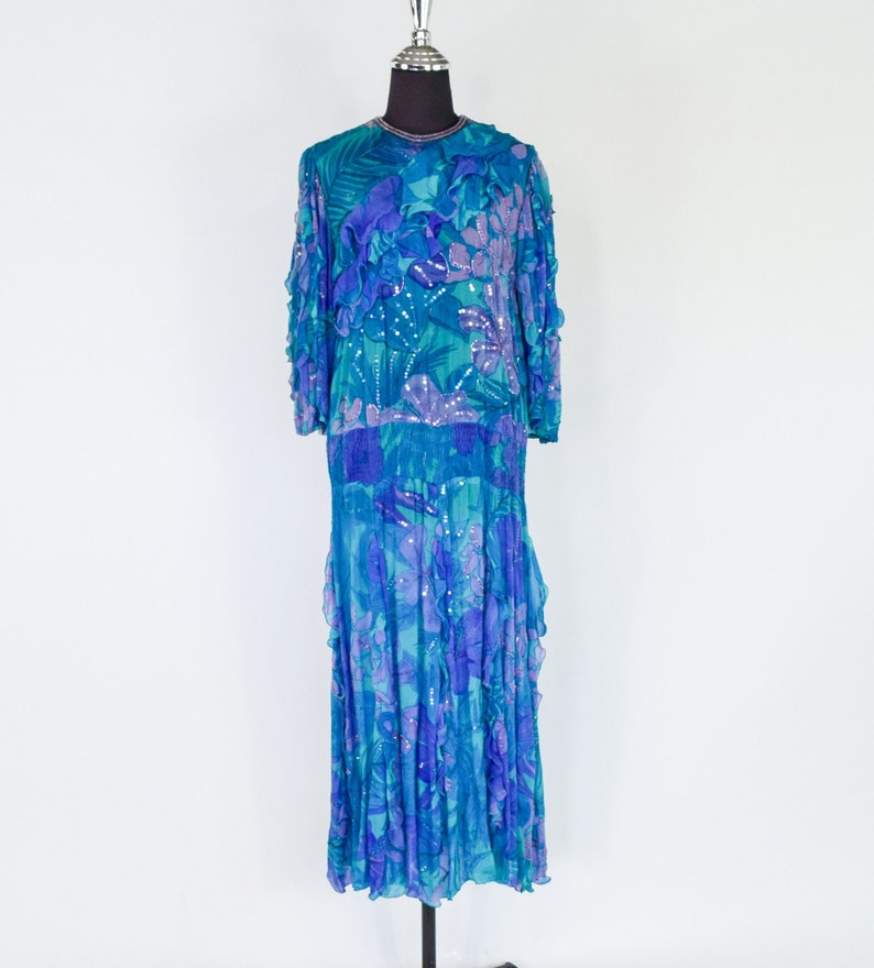 1980s Blue Silk Chiffon Ruffled Party Dress 80s Blue Beaded Chiffon Dress Judith Ann Creations Medium image 3