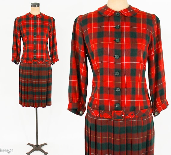 1960s Red Plaid Wool Dress | 60s Plaid Red & Gree… - image 1