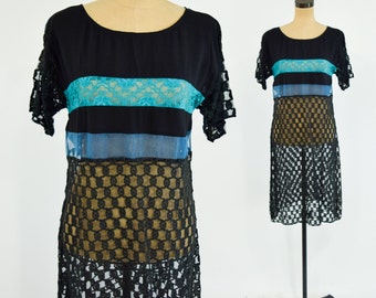 1990s Black & Blue Lace Dress | 90s Black Striped Lace Shift | Medium