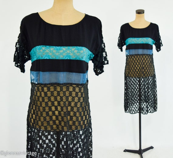 1990s Black & Blue Lace Dress | 90s Black Striped… - image 1