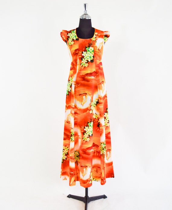 1970s Orange Floral Maxi Dress | 70s Orange Hawai… - image 2