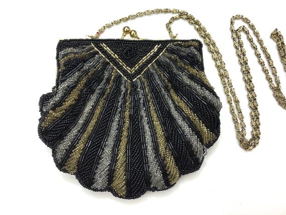 1960s Black Beaded Bag | 60s Metallic Gold Shell … - image 4