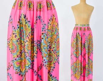 1970s Pink Maxi Skirt | 70s Hot Pink Op Art Maxi | Malbe Original | Medium