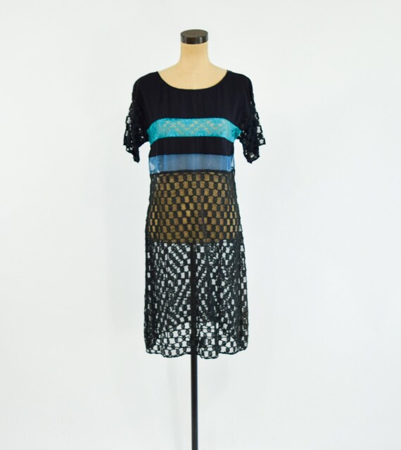 1990s Black & Blue Lace Dress | 90s Black Striped… - image 2