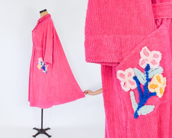 1950s Pink Chenille Robe | 50s Magenta Chenille Ro