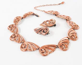 Renoir | 1950s Copper Swirls Necklace & Earrings Set | 50s Copper Necklace Set | Renoir