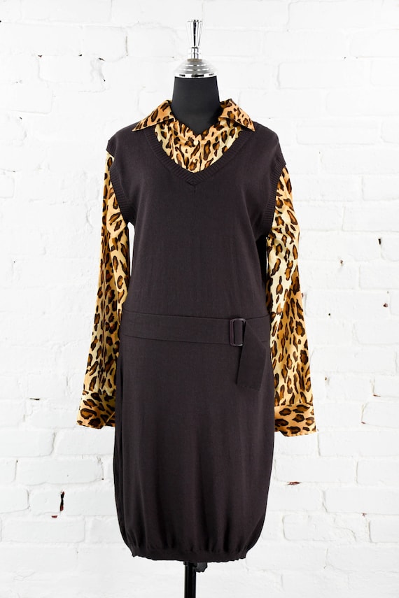 1950s Brown & Leopard Dress | 50s-like Brown Knit… - image 1