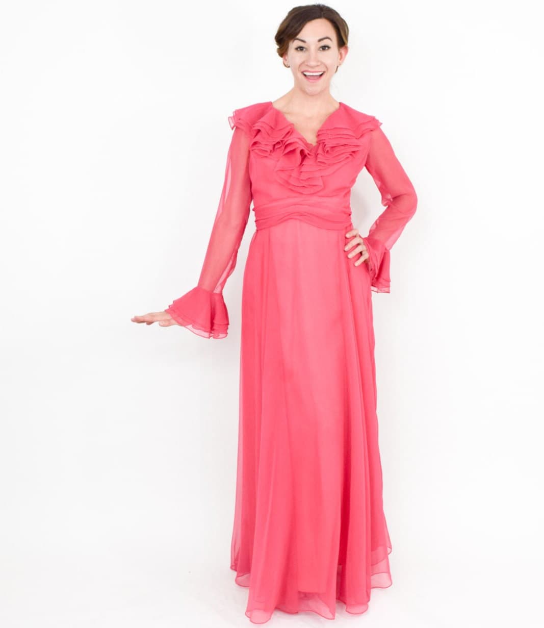 old rose chiffon dress 1970s Miss Elliotte Ruffle Maxi | Vintage Pink Chiffon Evening Gown, Medium with a softly pleated Size:OSO M231H-01 Dusty rose Zimmermann Dresses: My Stunning