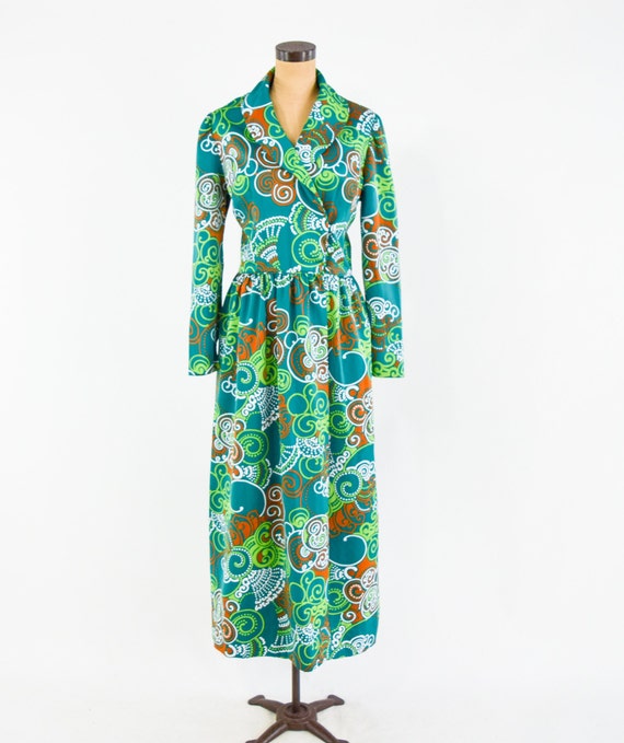 1970s Green Floral Maxi Dress | 70s Green Op Art … - image 2