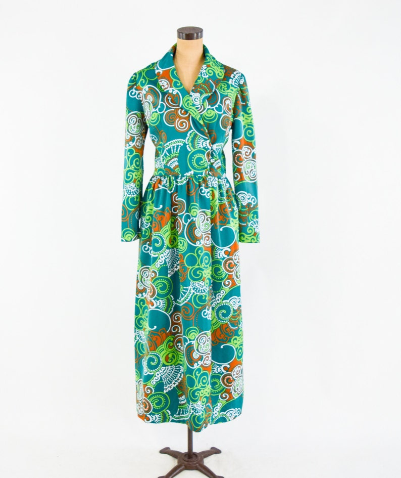 1970s Green Floral Maxi Dress 70s Green Op Art Maxi Dress Concept 70 Swirl Medium image 2