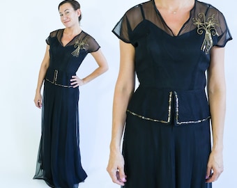 Abito formale anni '40 con paillettes nere / Abito da sera vintage nero con sovrapposizione / Glamour vecchia Hollywood, taglia M