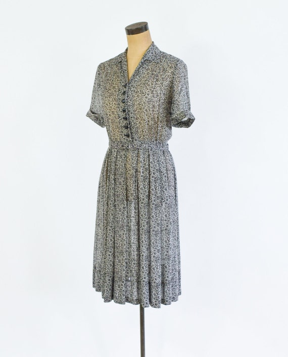 1950s Black White Print Nylon Dress | 50s Black &… - image 3