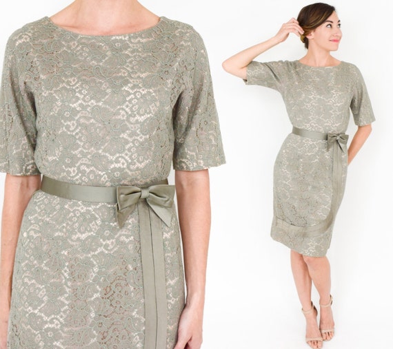 1950s Sage Green Lace Party Dress | 50s Taupe Flo… - image 1