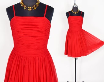 1950s Red Chiffon Party Dress, Vintage Red Spaghetti Strap Dress,  X Small