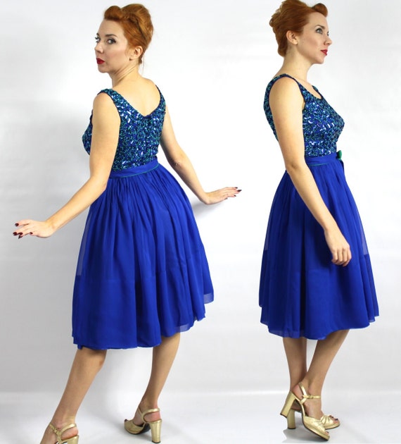 1950s Royal Blue Party Dress | 50s Blue Chiffon &… - image 4