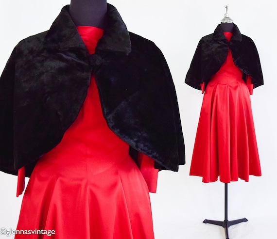 1950s Black Faux Fur Cape | 50s Black Faux Fur Ca… - image 1