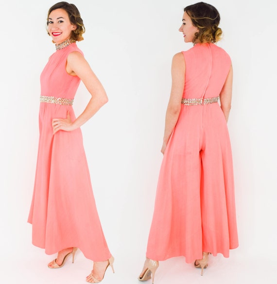 1960s Coral Crepe Palazzo Jumpsuit | 60s Orange C… - image 4