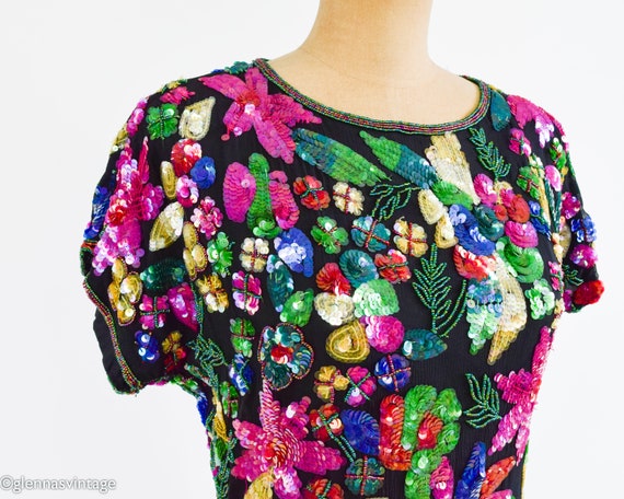 1980s Colorful Sequin Party Dress | 80s Sequin Be… - image 9