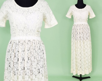 1950s Creme Lace Maxi Dress | 50s Ivory Cotton Lace  Evening Dress | Wedding Dress | BoHo | Small