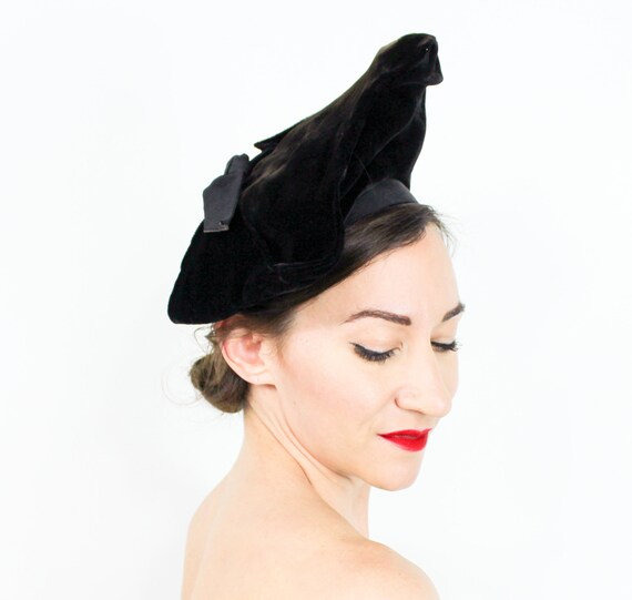 1940s Black Silk Velvet Hat | 40s Black Velvet Ber