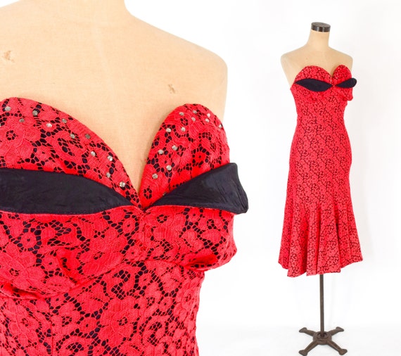 1950s Red Lace Cocktail Dress | 50s Red Lace Stra… - image 2