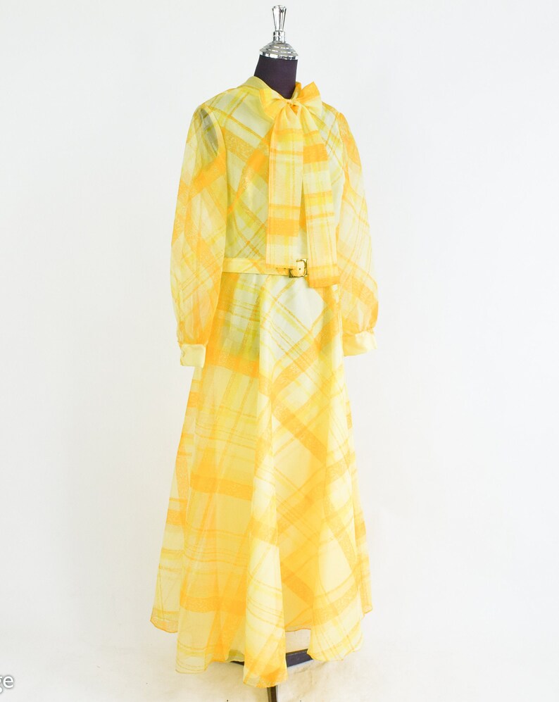 1970s Yellow Plaid Maxi Dress 70s Yellow Evening Dress Yellow Bridesmaid Dress Avalon Classics Size 10 & 16 image 4