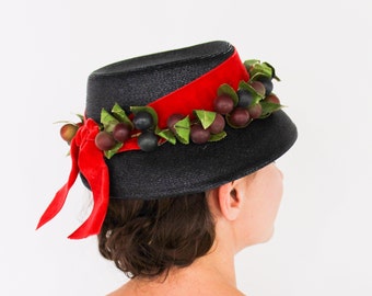 1950s Black Straw Fruit Hat | 50s Black Woven Straw & Grapes Hat | Marcee Modes