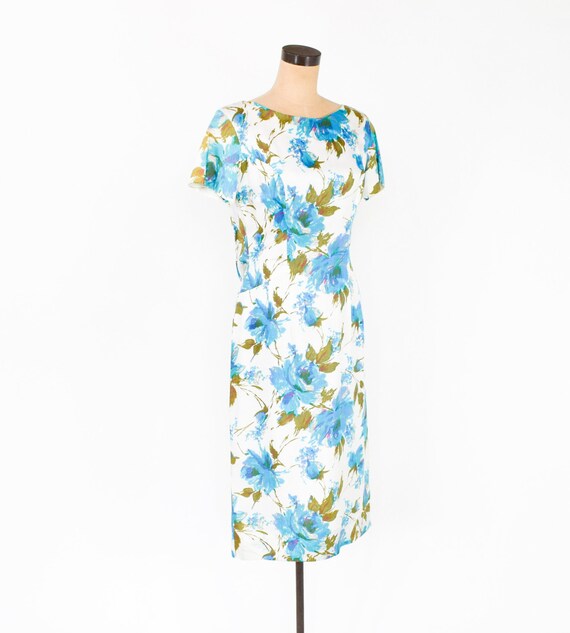 1950s Blue Floral PartyDress | 50s Blue & White F… - image 3